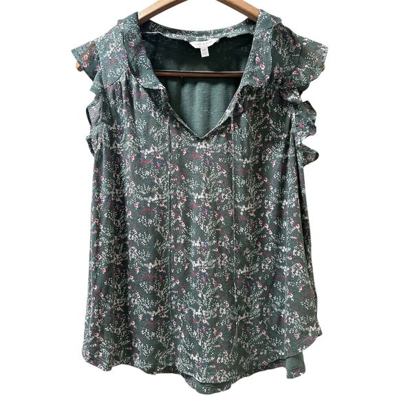 Lucky Brand Ditzy Floral Blouse Womens Large Green Ruffle Flowy Boho Fairy - Picture 1 of 5